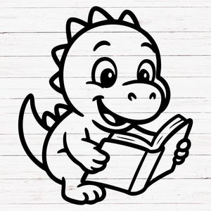 Può includere: Illustrazione a fumetto in bianco e nero di un dinosauro sorridente che legge un libro. Il dinosauro ha un'espressione amichevole e tiene il libro con entrambe le mani. L'immagine è un semplice disegno a tratto.
