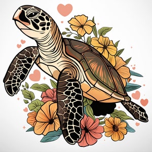 Sea Turtle PNG Clipart - Floral Turtle Design, Perfect for Prints and Crafts
