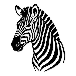 Puede incluir: Ilustración en blanco y negro de la cabeza y el cuello de una cebra. La cabeza de la cebra está ligeramente girada hacia la izquierda, mostrando sus distintivas rayas. La imagen está sobre un fondo blanco.