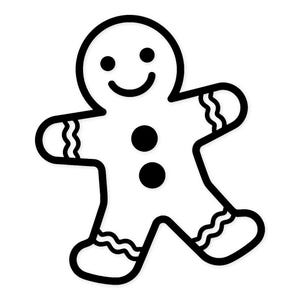Pode incluir: Ilustração a preto e branco de um homem de gengibre com um rosto sorridente, dois botões e bordas decorativas nos braços e pernas. Símbolo natalino.