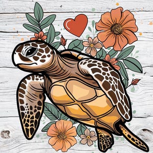 Sea Turtle PNG | Floral Beach Turtle Clipart | Cute Ocean Animal Digital Design | Sublimation Art for T-Shirts & Mugs