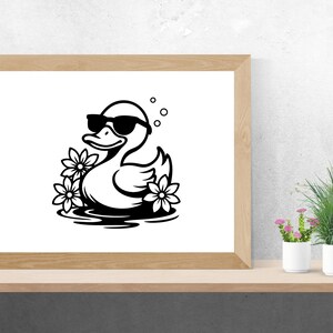 May include: A black and white illustration of a duck wearing sunglasses and floating in water with flowers. The duck is looking to the right.