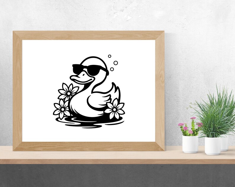 May include: A black and white illustration of a duck wearing sunglasses and floating in water with flowers. The duck is looking to the right.