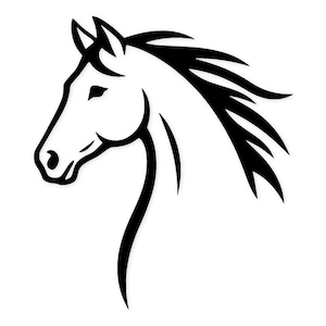 Puede incluir: Gráfico en blanco y negro de la cabeza de un caballo de perfil. La melena del caballo fluye hacia atrás, y el diseño tiene un estilo minimalista y elegante. Adecuado para productos de temática ecuestre.