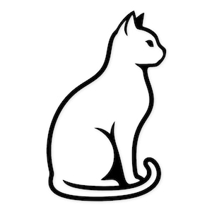 Op de afbeelding: Een zwart-wit illustratie van een kat in een zittende positie, naar links gericht. De omtrek van de kat wordt gevormd door dikke zwarte lijnen, met een witte binnenkant. De staart van de kat krult en de oren zijn puntig.