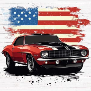 Retro Classic American Muscle Car PNG | Vintage USA Flag T-Shirt Design, Wall Art | Americana Nostalgia Clipart