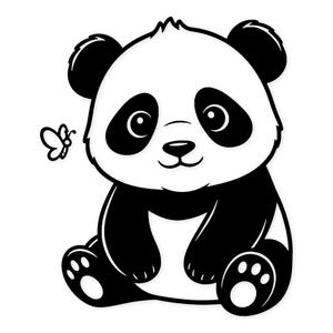 May include: A black and white cartoon panda bear sitting with a small butterfly. The panda has large eyes, round ears, and a friendly expression. The image is a simple, clean illustration.