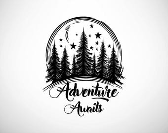 Adventure Awaits SVG, Forest Mountain Scene SVG, Outdoor Adventure SVG, Pine Tree Silhouette, Wilderness Cut File, Camping Design for Cricut