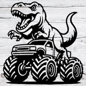 May include: Black and white illustration of a Tyrannosaurus Rex on a monster truck. The dinosaur has sharp teeth and claws. The truck has large tyres with a chevron pattern.