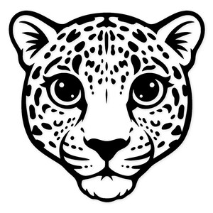 May include: A black and white illustration of a leopard's face. The leopard has large, round eyes, a small nose, and a detailed pattern of spots. The image is a close-up of the animal's face, with a focus on its features.