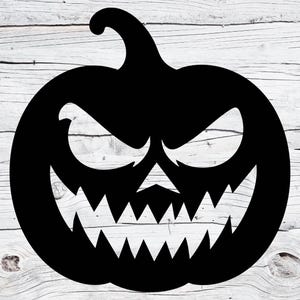 May include: A black Halloween pumpkin silhouette with a menacing face. The pumpkin features sharp, triangular teeth, angled eyes, and a curved stem. The design is set against a light wood grain background, creating a contrast.