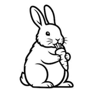 Puede incluir: Ilustración en blanco y negro de un conejo comiendo una zanahoria. El conejo tiene orejas largas y un cuerpo esponjoso, dibujado en estilo de dibujos animados. La zanahoria es naranja con hojas verdes.