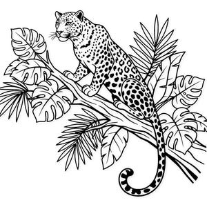 Può includere: Illustrazione in bianco e nero di un leopardo appollaiato su un ramo d'albero, circondato da foglie tropicali. Il leopardo ha un mantello maculato e guarda a sinistra. Le foglie includono grandi monstera e fronde di palma.