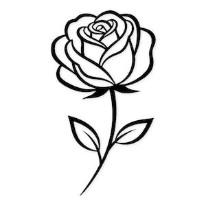 Op de afbeelding: Zwart-wit lijntekening van een roos. De roos is in volle bloei afgebeeld, met gedetailleerde bloemblaadjes en een stengel met twee bladeren. De afbeelding staat tegen een witte achtergrond.