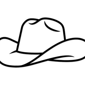 May include: A black and white illustration of a cowboy hat. The hat has a wide brim and a rounded crown, with a simple, clean design. The hat is outlined in black against a white background.