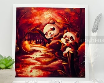 Autumn Panda Twins - Giclee Fine Art Print - Satin Gloss Finish with Border Perfect for Framing - 8 x 8 inch Original Art