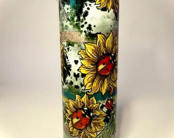 20 oz Sunflower, DragonFly, and LadyBugs Stainless Steel Tumbler with Lid, Straw