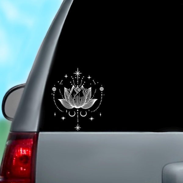 Celestial Lotus Mystic Moon Stars Floral Sticker Decal | Car Sticker Decal | Window Decal Vinyl