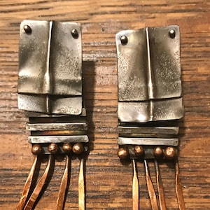 Vintage Large Brutalist Mid Century Modern Abstract Sterling Copper Dangle Screw Back Earrings Signed
