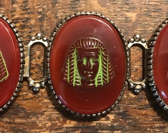 Vintage Egyptian Revival Czech Large Glass Panel Link Bracelet