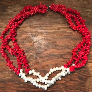 Red Coral and Freshwater Pearl Three Strand Necklace