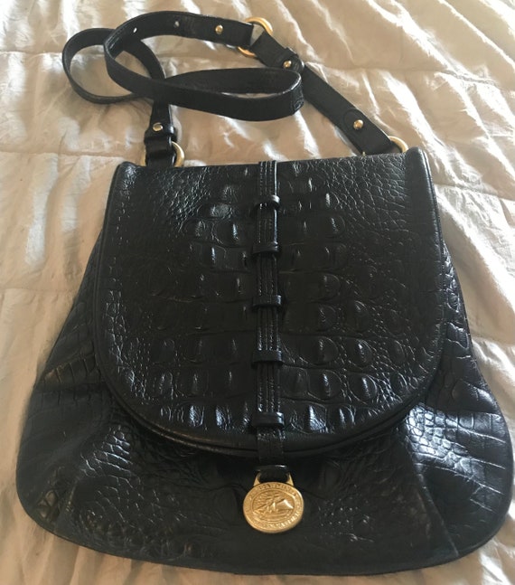 BRAHMIN Black Embossed Croc Crossbody Bag Purse Ad