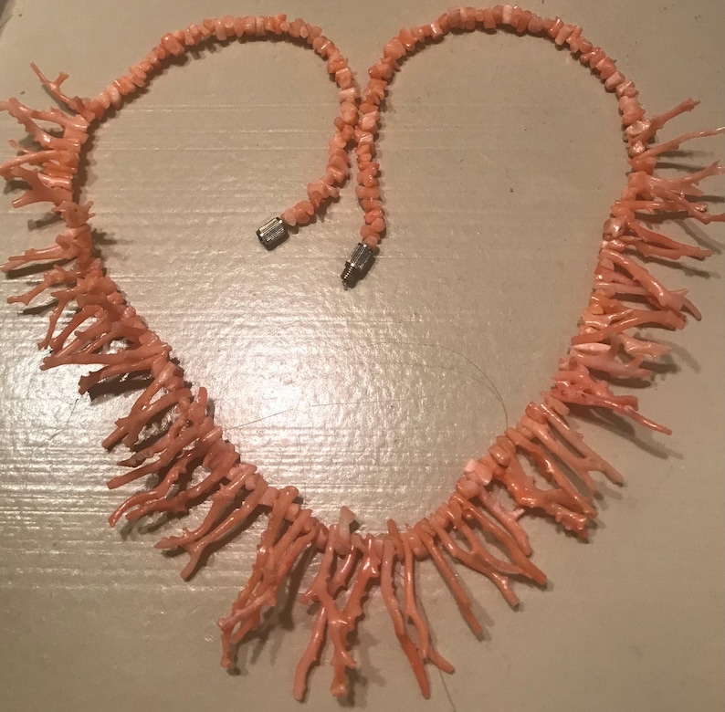 May include: A coral necklace with a natural, organic design. The necklace features a series of small, irregular coral pieces strung together, with larger, branch-like coral elements extending outwards. The necklace has a silver clasp.
