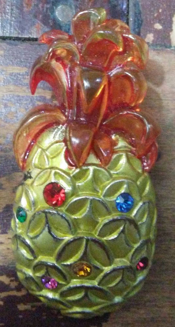 Vintage Lucite Enamel Rhinestone Pineapple Pin wi… - image 1