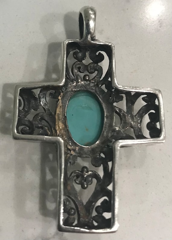 Large Sterling Scroll Turquoise Cross Pendant - image 2