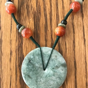 Vintage Chinese Brown Green Jade Cord Dis Adjustable Necklace