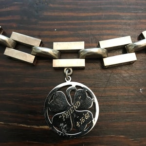 Vintage Art Deco Sterling Box Link Bracelet with Large Four Leaf Clover Charm