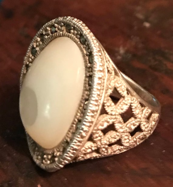 Large sterling Silver mother of Pearl Marcasites R