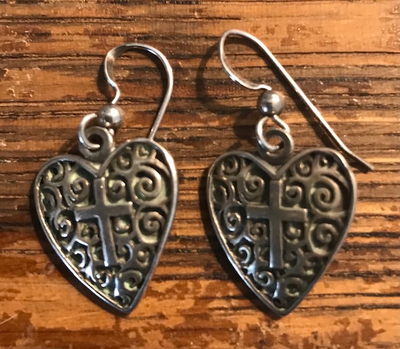 Sterling Silver BSD Ornate Heart and Cross Dangle… - image 1