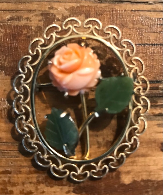 Vintage Krementz Carved Jade and Coral Flower Rose