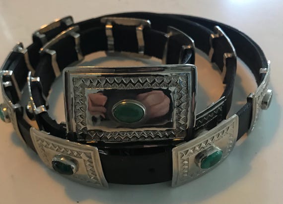 Vintage Concho Silver Malachite Leather Southwestern Belt - Etsy display picture 1