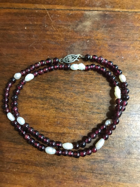 Vintage Genuine Garnet and Pearl Necklace Old Ste… - image 1