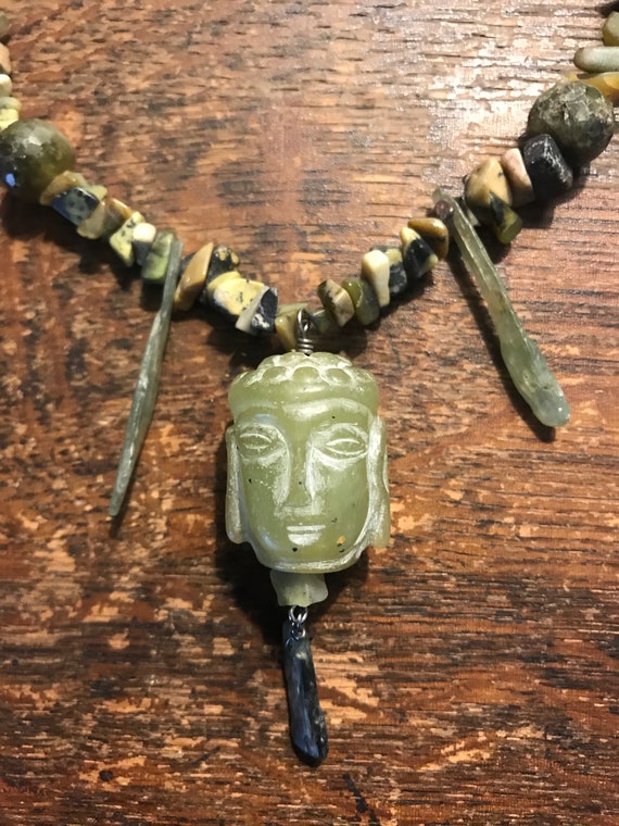 Carved Stone Buddha Beaded Necklace Sterling Silve