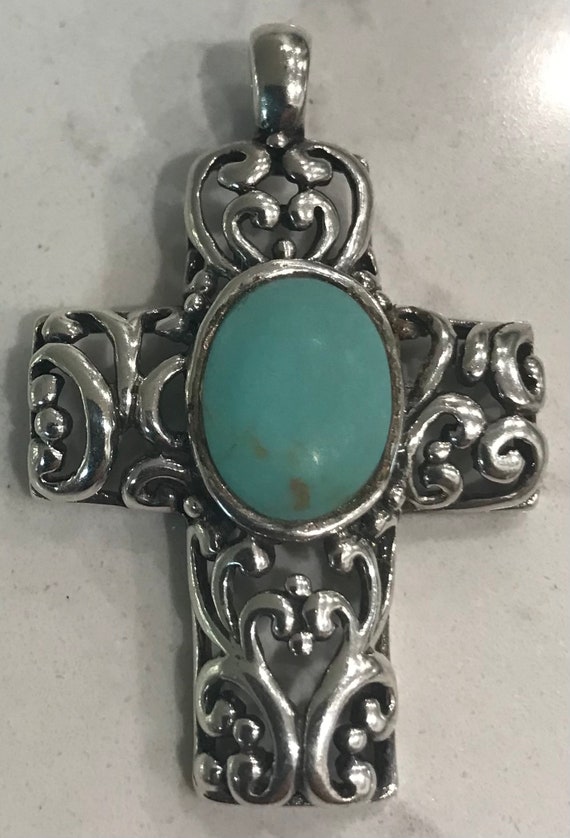 Large Sterling Scroll Turquoise Cross Pendant