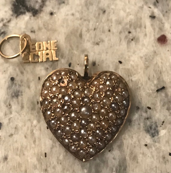 Vintage 14k Gold Pave Seed Pearl Heart Pendant with L… - Gem