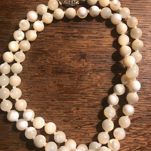Vintage Mother of Pearl Bead Hand Knotted GF Filigree Clasp Necklace