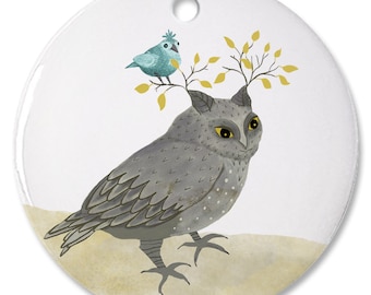 Porcelain Ornament - Owl + Bluebird | Tree Decoration