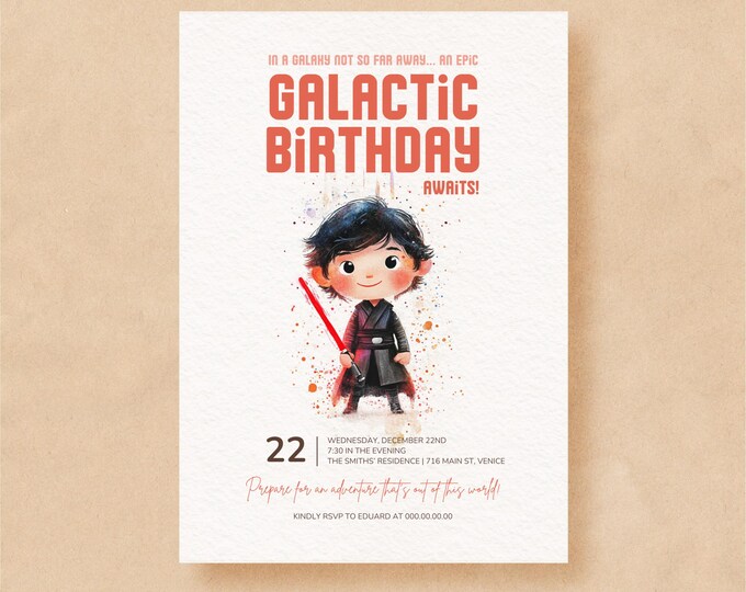 Editable Galactic Birthday Invitation | Sith Warrior Watercolor Design ...