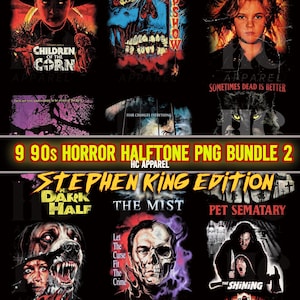 May include: A collection of nine horror-themed images, featuring movie posters and graphics. Titles include "Children of the Corn," "Creepshow," "Firestarter," "Cujo," "The Mist," "Pet Sematary," "The Shining," and "Thinner." The text "9 90s Horror Halftone PNG Bundle 2" is also present.