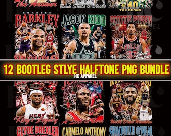 Puede incluir: Una colección de 12 gráficos de jugadores de baloncesto en estilo semitono. Las imágenes presentan a Allen Iverson, Tim Duncan, Shawn Kemp, Charles Barkley, Jason Kidd, Scottie Pippen, LeBron James, Clyde Drexler, Carmelo Anthony y Shaquille O'Neal.