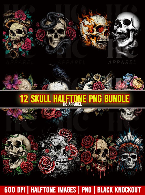 12 Skull Halftone PNG bundle| DTF Ready | 600 DPI Transparent Blackout