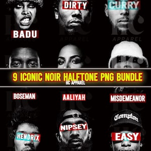 Op de afbeelding: Een zwart-wit afbeelding met negen iconische figuren, elk met hun naam in vette letters. De afbeelding bevat de tekst "9 ICONIC NOIR HALFTONE PNG BUNDLE" en "600 DPI | HALFTONE IMAGES | PNG | BLACK KNOCKOUT".