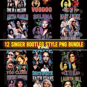 12 sångare bootleg-stil png-paket | DTF-halvtonskonst | 600 DPI transparent clipart