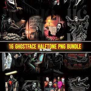 May include: A collection of 16 Ghostface halftone PNG images. The images feature the Ghostface character in various poses, including smoking, using a phone, and reading. The images are in black and white with some color accents. The text "16 GHOSTFACE HALFTONE PNG BUNDLE" is included.