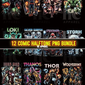以下が含まれることがあります： ブラックパンサー、キャプテンマーベル、フラッシュ、ハルク、ロキ、シルバーサーファー、スパイダーマン、ストーム、アイアンマン、サノス、ソー、ウルヴァリンなど、12人のコミックキャラクターが描かれた黒いグラフィック。テキスト「12 COMIC HALFTONE PNG BUNDLE」が表示されます。画像には「300 DPI | HALFTONE IMAGES | PNG | BLACK KNOCKOUT」というテキストも含まれています。