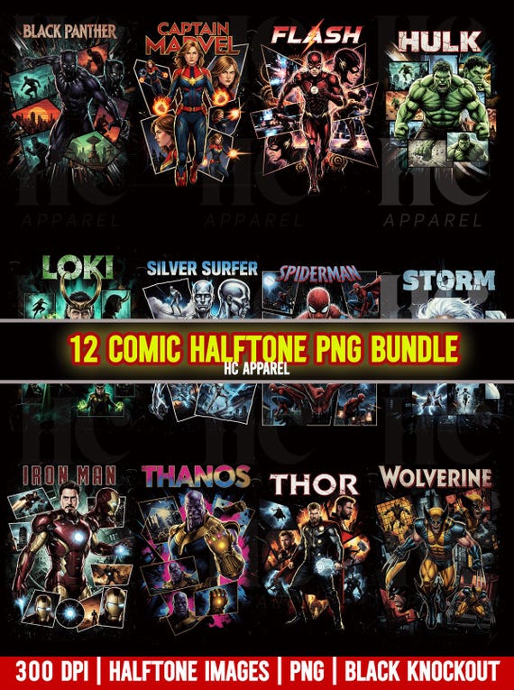 12 Comic Halftone PNG Bundle | Black Knockout Transparent Background | 300 DPI Superhero Clipart